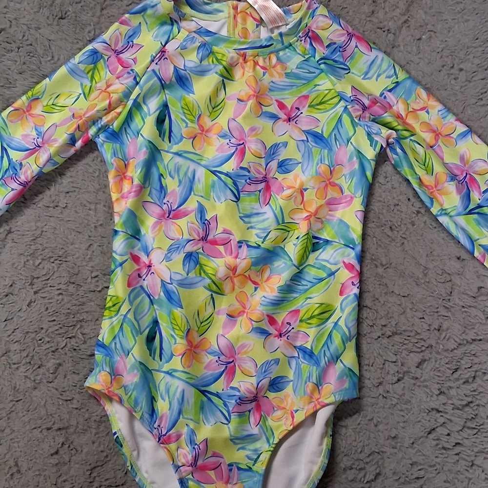 Kids Tropical Floral Long-Sleeve One-Piece Swimsuit - Multicolor